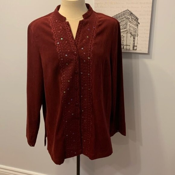 Alia Burgundy Shacket Shirt Jacket With Sequins - Picture 1 of 10